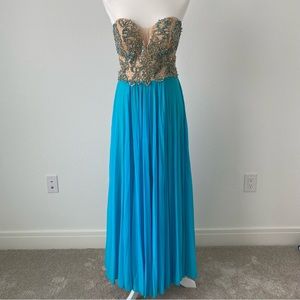 Alyce Paris Size 2 Strapless Prom Dress, Blue and Nude, Beaded Bodice